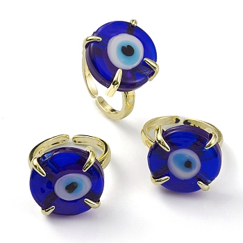 Lampwork Evil Eye Open Cuff Ring, Light Gold Brass Lucky Jewelry for Women, Lead Free & Cadmium Free, Medium Blue, US Size 6 1/4(16.7mm)