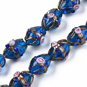 Handmade Gold Sand Lampwork Beads Strands, Ovald with Flower, Cornflower Blue, 16~17x13~15x12~13mm, Hole: 1.4~1.8mm, about 30pcs/strand, 19.69 inch(50cm)