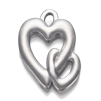 304 Stainless Steel Pendants, Heart with Heart, for Valentine's Day, Stainless Steel Color, 30x20x2mm, Hole: 4.7x3mm