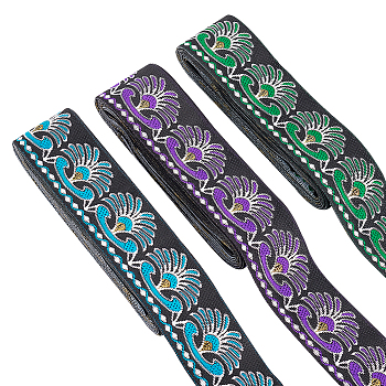 10.5M 3 Styles Ethnic Style Embroidery Polyester Ribbons, Jacquard Ribbon, Garment Accessories, Floral Pattern, Mixed Color, 1-3/8 inch(34mm)