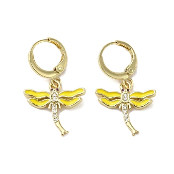 Dragonfly Real 18K Gold Plated Brass Dangle Leverback Earrings, with Enamel and Cubic Zirconia, Yellow, 30x17.5mm