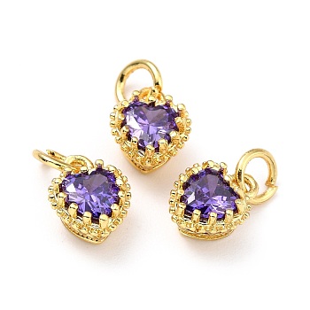Brass Micro Pave Mixed Color Cubic Zirconia Pendants, Real 18K Gold Plated, Long-Lasting Plated, Heart, Blue Violet, 9.3x7.4x5.5mm, Hole: 3mm