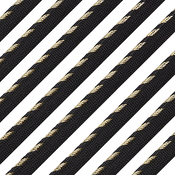 Polyester Ribbons, Single Edge with Stripe, for Costume Accessories, Flat, Black, Gold, 3/8 inch(11mm), about 16.40 Yards(15m)/Card