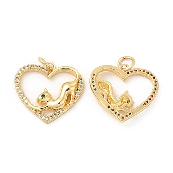 Brass Micro Pave Cubic Zirconia Pendants, with Jump Ring, Heart with Cat Charm, Golden, Clear, 17.5x18.5x3.5mm, Hole: 3mm