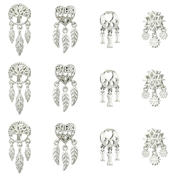 12Pcs 4 Styles Alloy European Beads, Large Hole Beads, Platinum, Mixed Shapes, 20~25.5x10~11x7~7.5mm, 3pcs/style