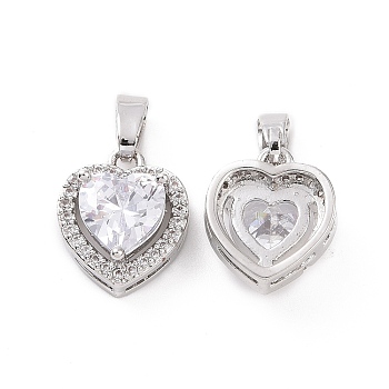 Brass Micro Pave Clear Cubic Zirconia Charms, Heart Charm, Platinum, 12.5x10.5x5.5mm, Hole: 2.5x5mm
