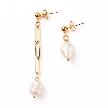 Natural Cultured Freshwater Pearl Asymmetrical Earrings, with Brass Paperclip Chains, 304 Stainless Steel Stud Earring Findings and Ear Nuts, Golden, 22~54mm, Pin: 1mm