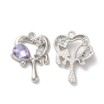 Alloy Pendant, with Glass, Platinum, Lead Free & Cadmium Free, Melting Heart Charm, Lavender, 23.5x18x4mm, Hole: 1.8mm