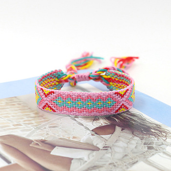 Polyester Braided Rhombus Pattern Cord Bracelet, Ethnic Tribal Adjustable Brazilian Bracelet for Women, Pearl Pink, 5-7/8 inch(15cm)
