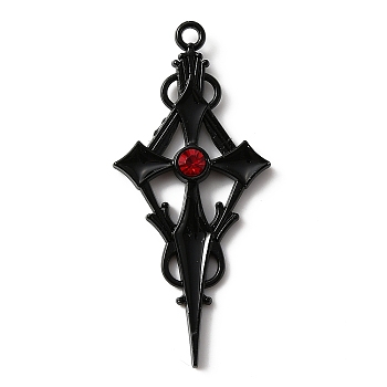 Siam Rhinestone Cross Pendatn with Black Enamel, Alloy Pendant, Electrophoresis Black, 47.5x21.5x4mm, Hole: 1.8mm