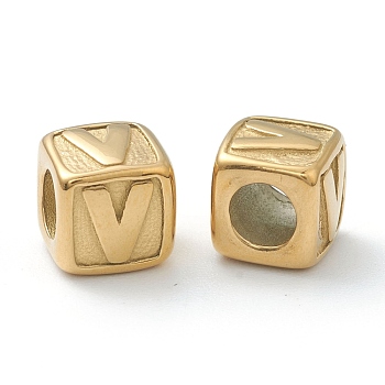 304 Stainless Steel European Beads, Large Hole Beads, Horizontal Hole, Cube with Letter, Golden, Letter.V, 8x8x8mm, Hole: 4mm
