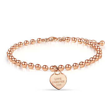 SHEGRACE Titanium Steel Charm Anklets for Valentine's Day, with Ball Chains and Lobster Claw Clasps, Heart with Word Love Forever 520, Rose Gold, 7-7/8 inch(20cm)
