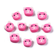 Handmade Polymer Clay Beads, Pig, Hot Pink, 7.5~9.5x8.5~10.5x4mm, Hole: 1.5mm(X-CLAY-N011-028)