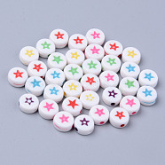 Opaque White Acrylic Beads, Flat Round with Mixed Color Star, 7x3.5mm, Hole: 1.5mm, about 3500pcs/500g(MACR-S273-43)