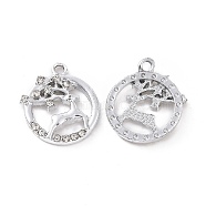 Alloy Crystal Rhinestone Pendants, Flat Round with Deer Charms, Platinum, 19x16x3mm, Hole: 1.8mm(ALRI-C008-23P)