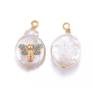 Natural Cultured Freshwater Pearl Pendants, with Brass Cubic Zirconia Findings, Nuggets with Bees, Golden, Deep Sky Blue, 17~26x11~16x5~11mm, Hole: 1.6~2mm(PEAR-E013-15A)