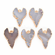 Natural Agate Pendants, with Light Gold Plated Iron Findings, Dyed & Heated, Heart, Slate Gray, 27.5~31x20~21x5~6.5mm, Hole: 2mm(G-N326-122B)
