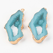 Druzy Resin Pendants, Imitation Geode Druzy Agate Slices, with Edge Light Gold Plated Iron Loops, Nuggets, Cyan, 40.5~41.5x19.5x5.5mm, Hole: 1.6mm(RESI-R428-018D)