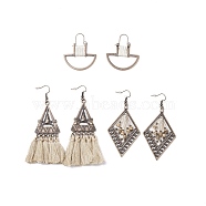 3 Pairs 3 Style Half Ring & Triangle & Rhombus Cotton Braided Dangle Earrings and Hoop Earrings with Wood Beads, Bohemian Alloy Big Drop Earrings with Iron Pins for Women, Red Copper, 42~90mm, 1 Pair/style(EJEW-P200-02R)