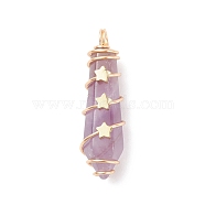 Natural Amethyst Pointed Pendants, Bullet Charm, with Real 18K Gold Plated Tone Copper Wire Wrapped and Brass Star Beads, Faceted, 37x10~11x11~12mm, Hole: 3.5mm(PALLOY-JF01703-01)