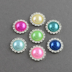 Garment Accessories Half Round ABS Plastic Imitation Pearl Cabochons, with Grade A Rhinestone and Brass Cabochon Settings, Silver Color Plated, Mixed Color, 14.5x4mm(RB-S020-02-M1)