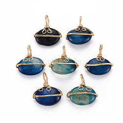 Natural Agate Pendants, with Golden Brass Findings, Dyed, Oval, Blue, 22~24x20~21x6~8mm, Hole: 6~7x4~5mm(G-S359-293C)