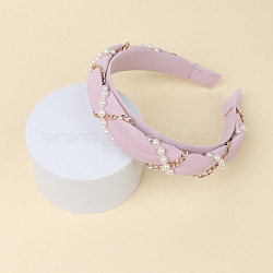 Cloth Hair Bands, with Plastic Pearl & Alloy Chains, Hair Accessories for Women Girls, Pink, 30mm, Inner Diameter: 140x160mm(OHAR-PW0008-004G)