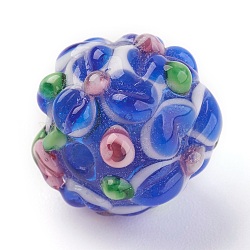 Handmade Lampwork Beads, Rondelle with Flower, Bumpy, Royal Blue, 14~15x12~13mm, Hole: 1.5~1.8mm(X-LAMP-P051-H04)