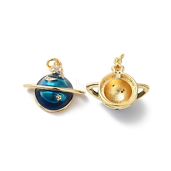 Rack Plating Brass Micro Pave Cubic Zirconia Pendants, with Jump Ring and Enamel, Lead Free & Cadmium Free, Planet Charm, Real 18K Gold Plated, Steel Blue, 19.5x22x9mm, Hole: 3.5mm(KK-D074-31G)