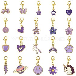 20Pcs 20 Styles Alloy Enamel Pendant Decorations, with Lobster Claw Clasps, Unicorn Flower Butterfly Bowknot, Mixed Shapes, Golden, Purple, 25~36mm, 1pc/style(HJEW-FS00047)