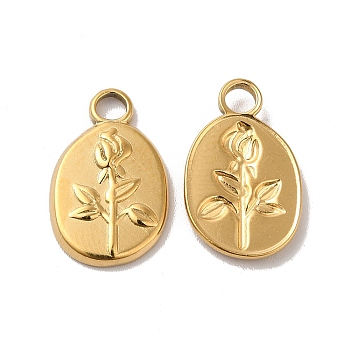 Ion Plating(IP) 304 Stainless Steel Pendants, Oval with Flower Charm, Real 18K Gold Plated, 17x11x2mm, Hole: 3mm