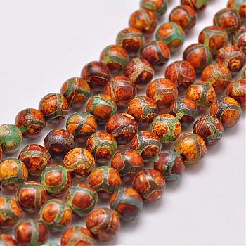 Tibetan Style Turtle Back Pattern dZi Beads Strands, Natural & Dyed Agate Beads, Matte Style, Round, Chocolate, 10mm, Hole: 1.5mm, about 39pcs/strand, 16 inch