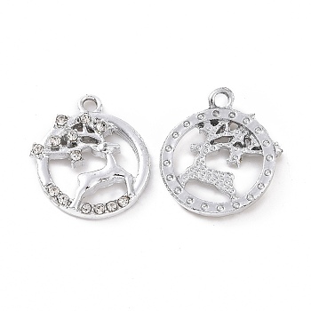 Alloy Crystal Rhinestone Pendants, Flat Round with Deer Charms, Platinum, 19x16x3mm, Hole: 1.8mm
