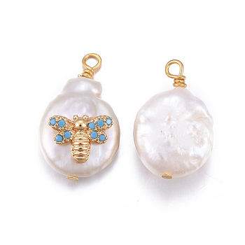 Natural Cultured Freshwater Pearl Pendants, with Brass Cubic Zirconia Findings, Nuggets with Bees, Golden, Deep Sky Blue, 17~26x11~16x5~11mm, Hole: 1.6~2mm