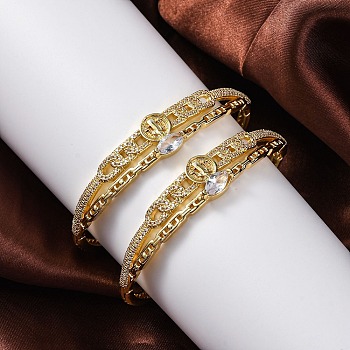 Rack Plating Brass Micro Pave Cubic Zirconia Hinged Bangles, Lead Free & Cadmium Free, King, Real 18K Gold Plated, Inner Diameter: 2-3/8 ~2 inch(6x5.1cm), 13.5mm wide