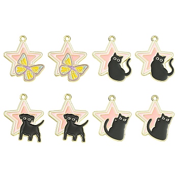 8Pcs 4 Styles Alloy Enamel Pendants, Golden, Star with Dog/Cat/Butterfly Charm, Mixed Color, 27.5~28x22.5~24x1.5mm, Hole: 1.5mm, 2pcs/style