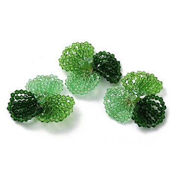 Glass Beaded Cabochons, Cluster Beads, with Golden Plated Brass Perforated Disc Settings, Flower, Green, 14x40x34mm