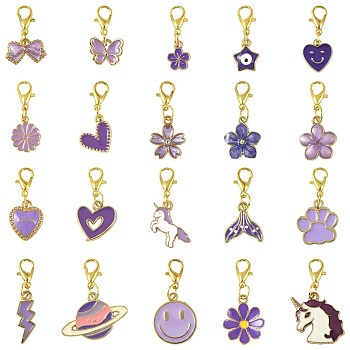 20Pcs 20 Styles Alloy Enamel Pendant Decorations, with Lobster Claw Clasps, Unicorn Flower Butterfly Bowknot, Mixed Shapes, Golden, Purple, 25~36mm, 1pc/style