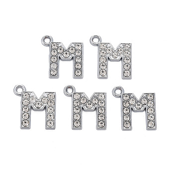 Alloy Pendants, with Crystal Rhinestone, Platinum, Cadmium Free & Lead Free, Alphabet, Letter.M, 17x16x2mm, Hole: 1.6mm