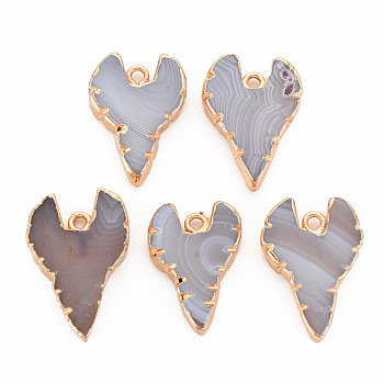 Natural Agate Pendants, with Light Gold Plated Iron Findings, Dyed & Heated, Heart, Slate Gray, 27.5~31x20~21x5~6.5mm, Hole: 2mm