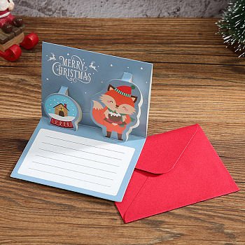 Christmas Theme 1Pc Paper Envelope and 1Pc 3D Pop Up Greeting Card Set, Fox Pattern, Envelope: 85x105mm, Card: 80x100mm