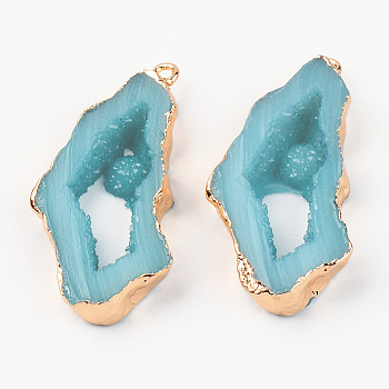 Druzy Resin Pendants, Imitation Geode Druzy Agate Slices, with Edge Light Gold Plated Iron Loops, Nuggets, Cyan, 40.5~41.5x19.5x5.5mm, Hole: 1.6mm