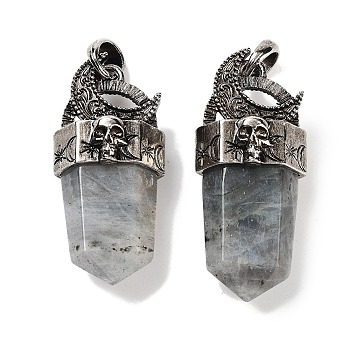 Natural Labradorite Faceted Sword Pendants, Rack Plating Antique Silver Plated Alloy Moon Charms, Cadmium Free & Lead Free, 47.5~48x21.5x13.5mm, Hole: 7x6.5mm