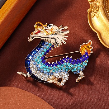 Dragon Alloy Rhinestones Brooches, Flying Dragon Enamel Pins, Light Gold, Blue, 47x51mm