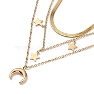 Moon & Star Charms Triple Layer Necklace, Ion Plating(IP) 304 Stainless Steel Cable & Herringbone Chains Necklace for Women, Golden, 15.55 inch(39.5cm)(NJEW-C036-06G)