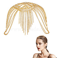 Rhinestone Mesh Headpiece Cap, Alloy Head Chain Bridal Party Hair Accessories for Women Girls, Golden, 300x320~380x6.5mm(OHAR-WH0021-47G)