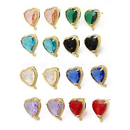 Rack Plating Brass Rhinestone Stud Earring Finding, with Glass, Heart with Vertical Loops, Real 18K Gold Plated, Cadmium Free & Lead Free, Mixed Color, 20.5x17mm, Hole: 1.6mm, Pin: 0.7mm(KK-C023-03)