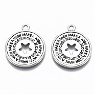 Tibetan Style Alloy Pendants, Lead Free & Cadmium Free, Flat Round with Star & Word Make a Wish & Success, Antique Silver, 26x22x1.5mm, Hole: 2mm, about 350pcs/1000g(TIBE-S314-126AS-RS)