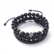 Unisex Stretch Bracelets Sets, Stackable Bracelets, with Natural Black Agate(Dyed)/Lava Rock Round Beads, Platinum Plated Brass Cubic Zirconia Beads, Braided Leather Cord and Cardboard Packing Box, Black, 2-1/8 inch~3 inch(5.3~7.5cm), 3pcs/set(BJEW-JB04843)