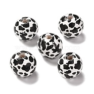 Printed Wood European Beads, Large Hole Beads, Round with Cow Grain Pattern, Dyed, Black, 16x15mm, Hole: 4mm(X-WOOD-F011-06)